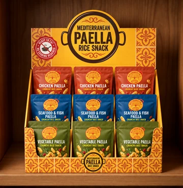 Mediterranean Paella Rice Snack: expositor con la gama completa