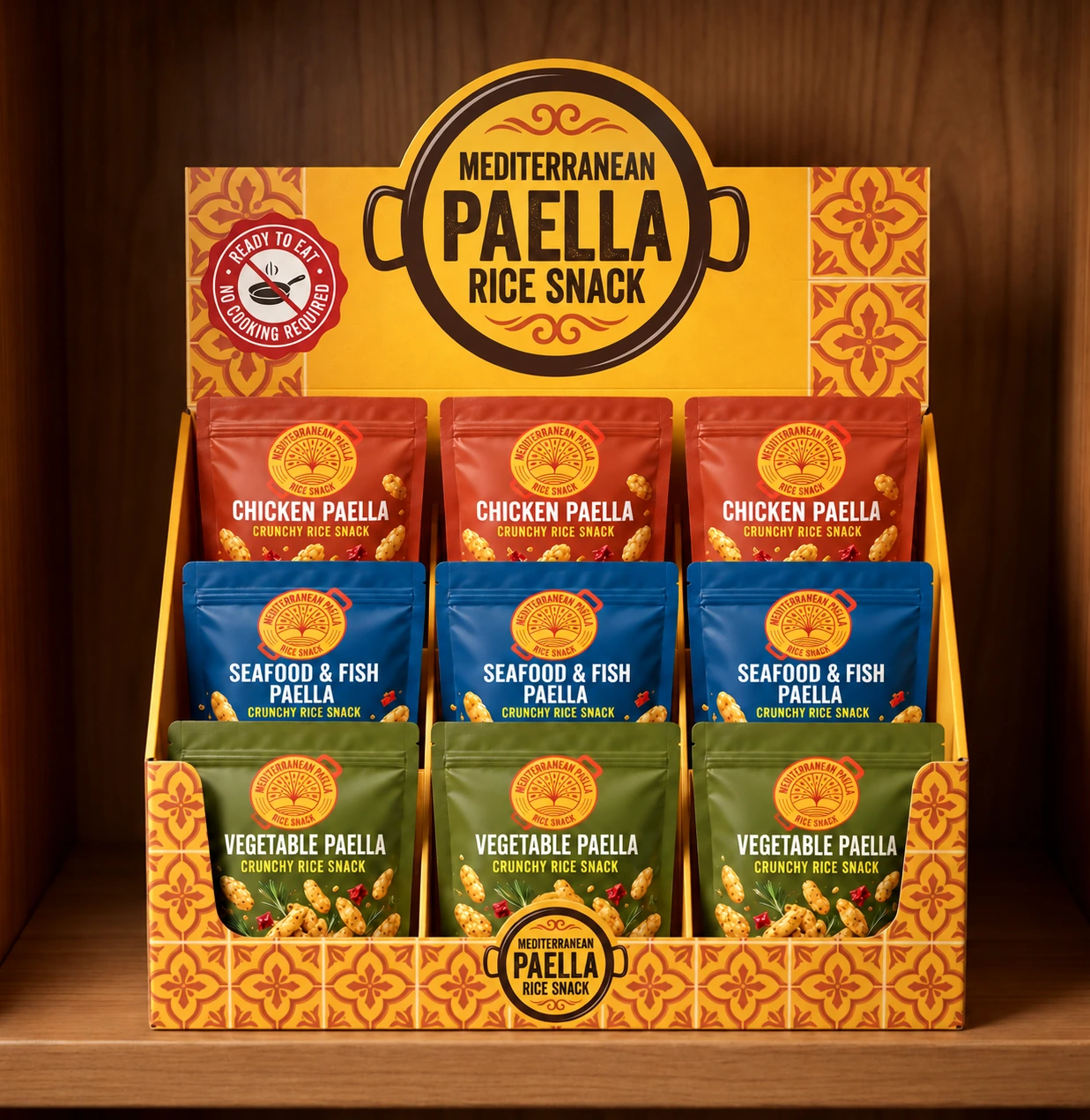 Mediterranean Paella Rice Snack: expositor con la gama completa