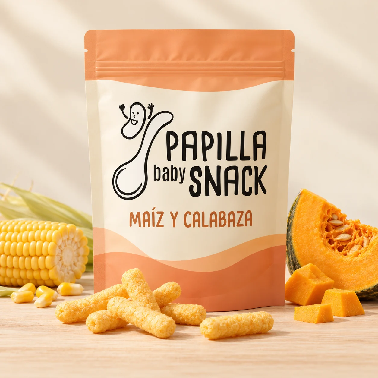 PAPILLA baby SNACK: maíz y calabaza · frontal