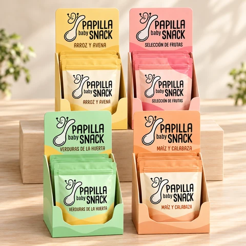 PAPILLA baby SNACK: cuatro expositores en presentación cuadrada
