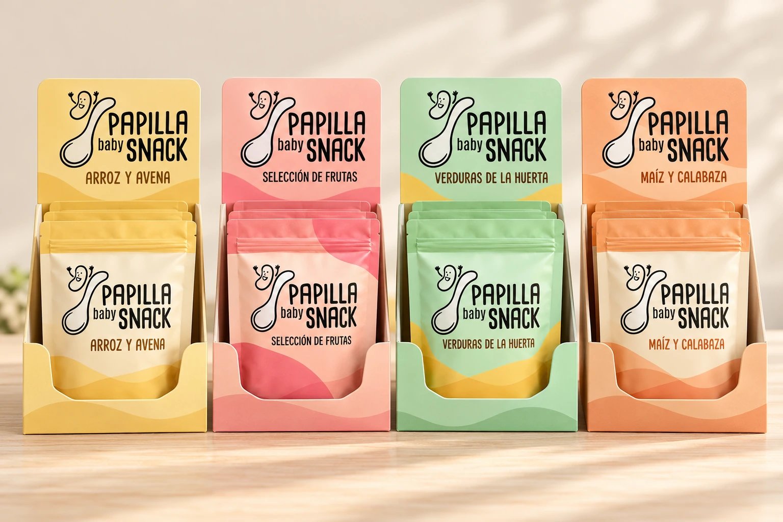 Cuatro expositores de PAPILLA baby SNACK