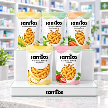 SANITOS: gama completa en expositor de farmacia de dos niveles, con los cinco envases apoyados en sus baldas