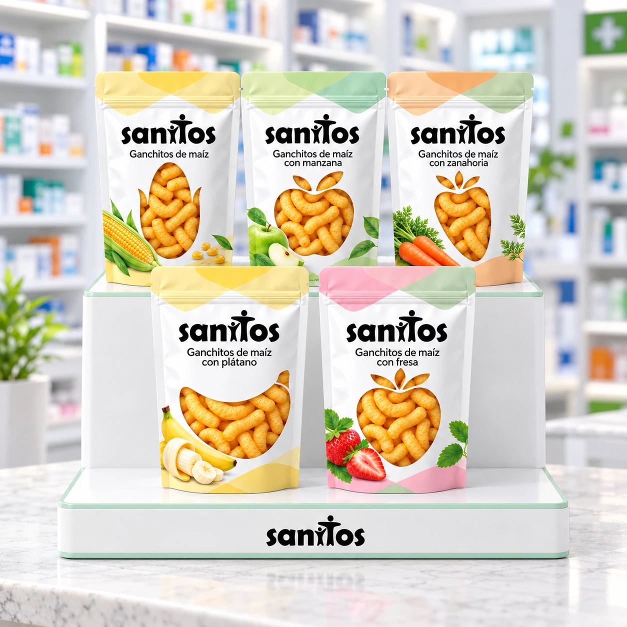 SANITOS: gama completa en expositor de farmacia de dos niveles, con los cinco envases apoyados en sus baldas