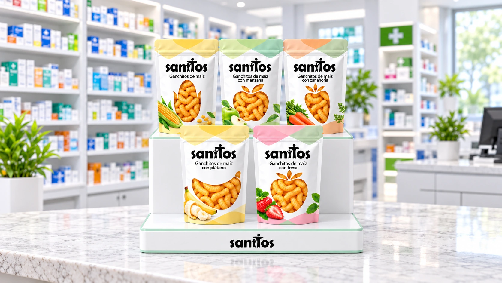 SANITOS: gama completa en expositor de farmacia de dos niveles, con los cinco envases apoyados en sus baldas